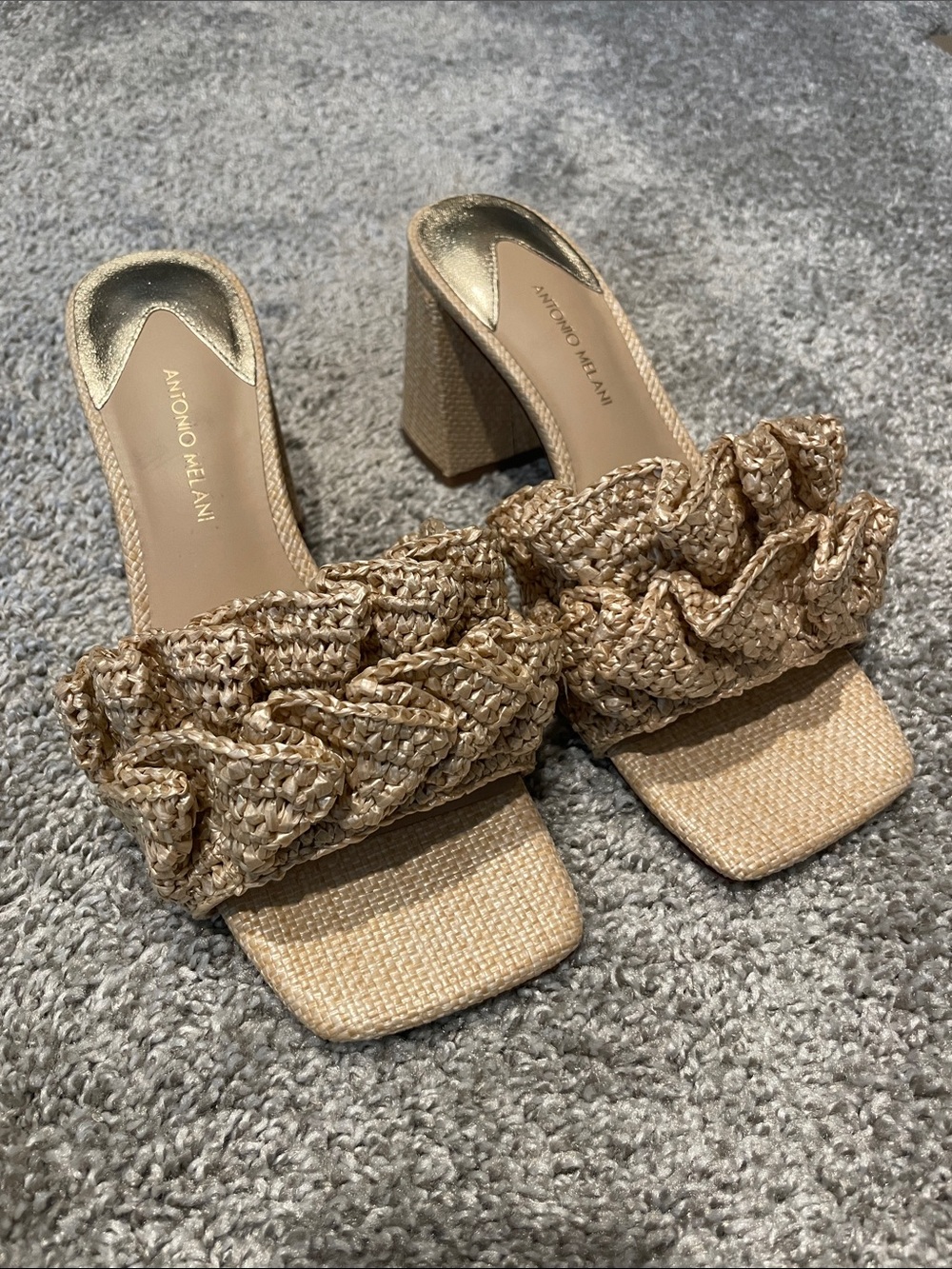 ANTONIO MELANI Beige Ruffle Strap Block Heel Sandals